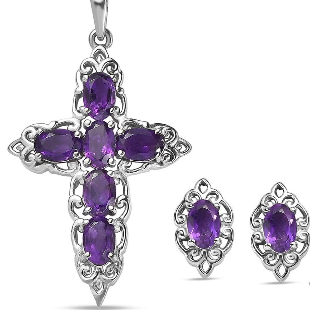 African Amethyst 3.15 ctw Earrings & Pendant Necklace (20 ") Stainless Steel NWB